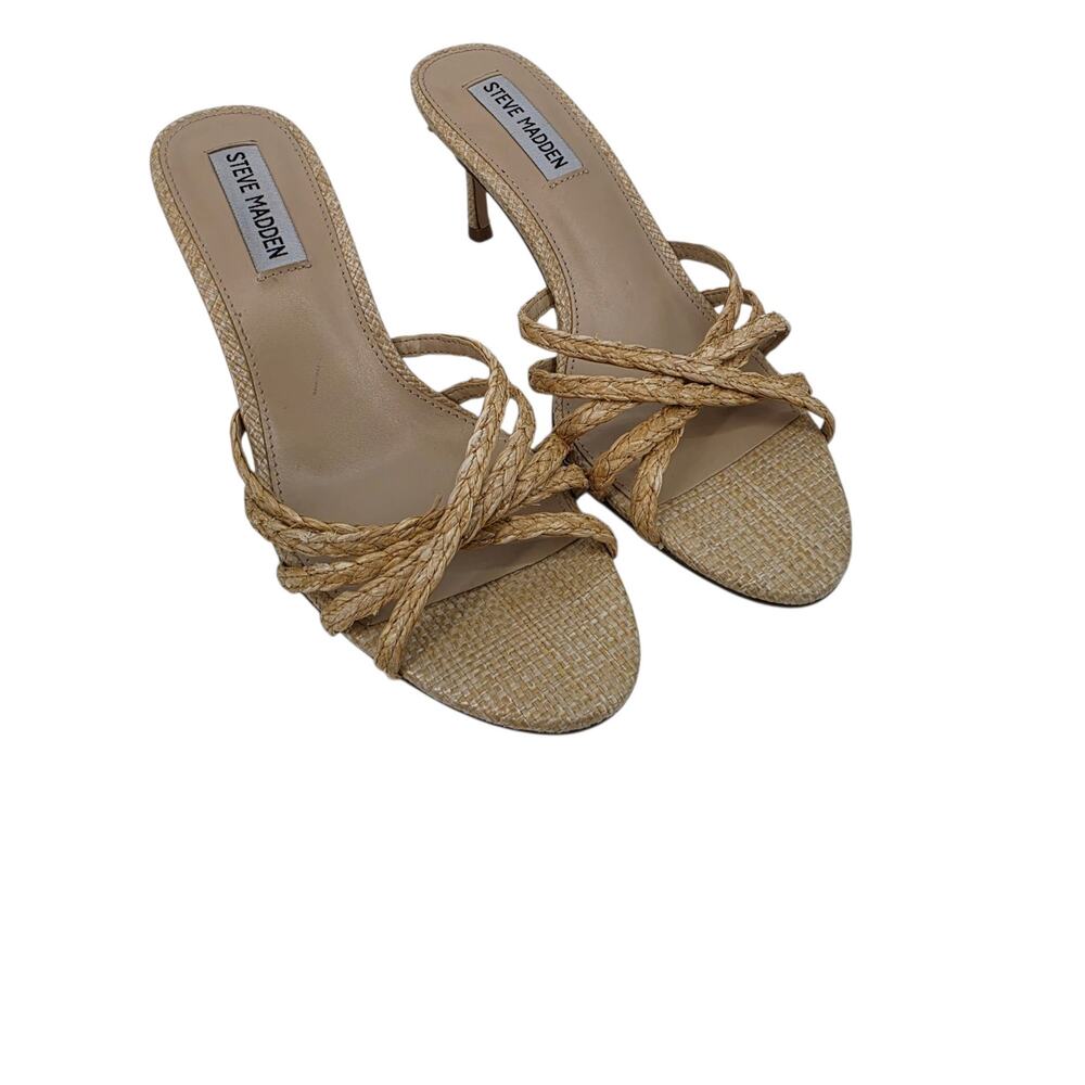 NWOT Steve Madden Tan Rolla Woven Raffia Stiletto Mule Slide Sandals Size 7.5